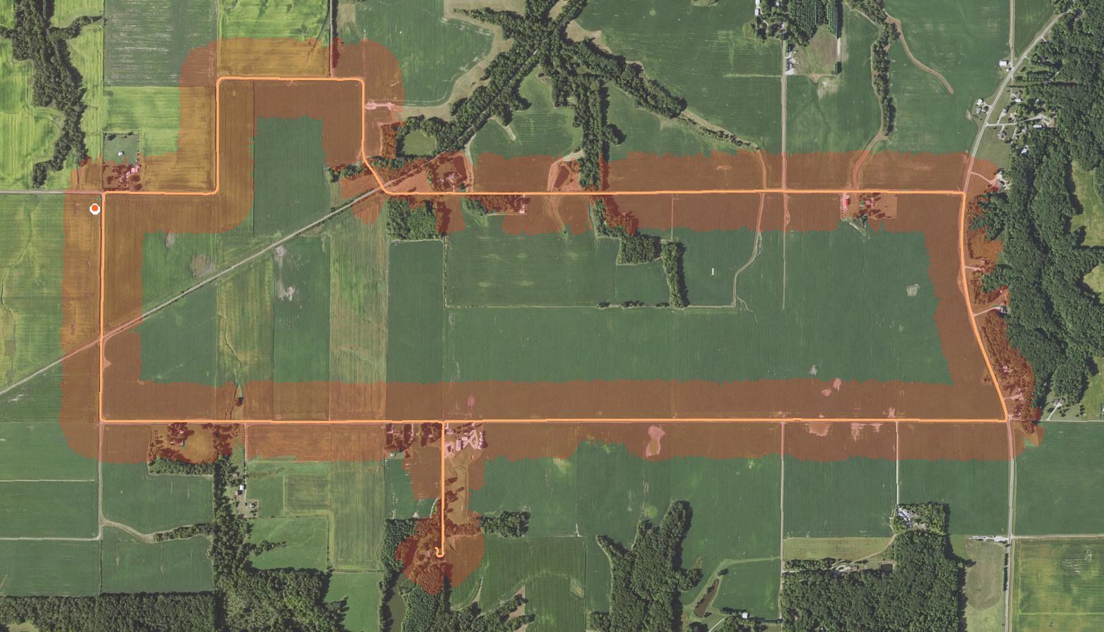 Wide map of a real vehicle survey: vehicle route and red LiDAR coverage fans